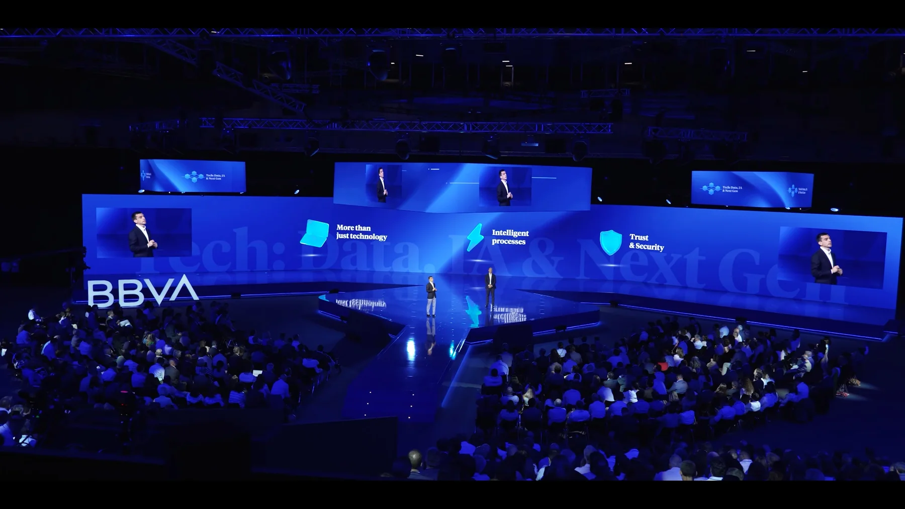 Corporate events — Auditorium with a panoramic stage illuminated in blue